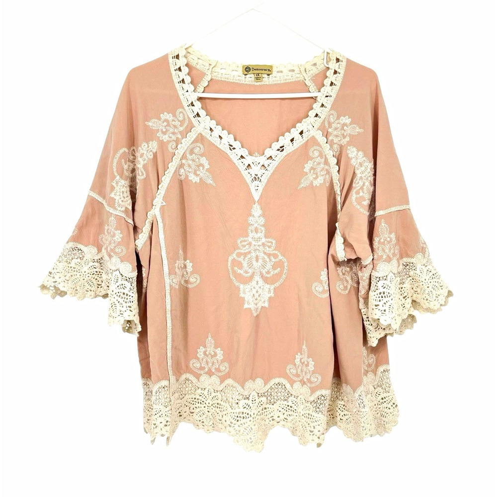 Democracy Women's 1X Blush Pink Embroidered Lace Boho Peasant Blouse Bell Sleeve